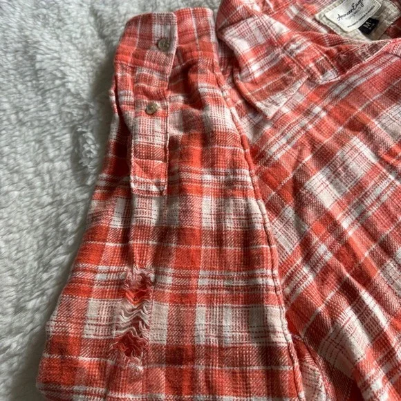 American Eagle Women's M Orange White Plaid Cropped Flannel Button Down Shirt - Picture 2 of 11